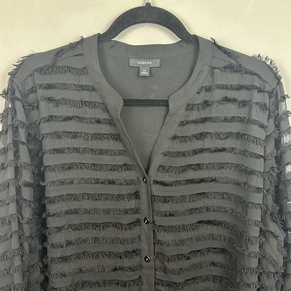 Alfani Fringe-Trim Mandarin Collar Button Up Long Sleeve Blouse Black Sz XXL - Picture 3 of 10